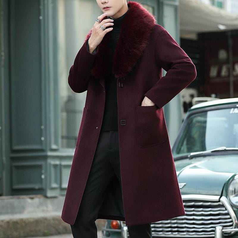5XL Large Size Luxury Big Fur Claret Overcoats Mens Black Long Trench Coats For Mens Vintage Winter Coats Burgundy Warm Grey New