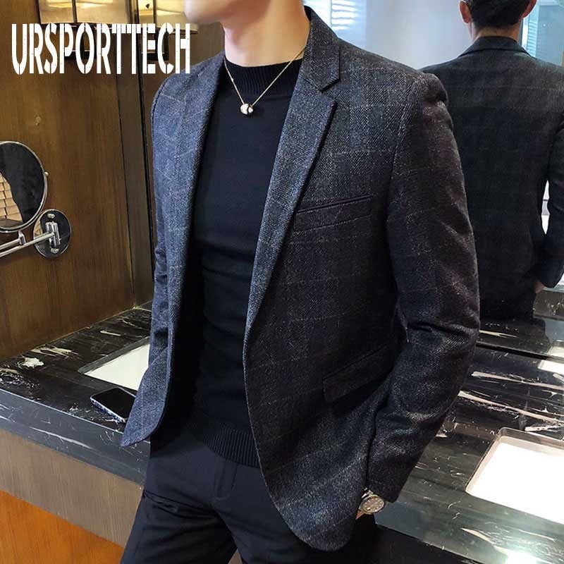 URSPORTTECH Men&#39;s Blazer British&#39;s Style Casual Slim Fit Suit Jacket Male Plaid Blazers Men Coat Terno Masculino Plus Size M-5XL