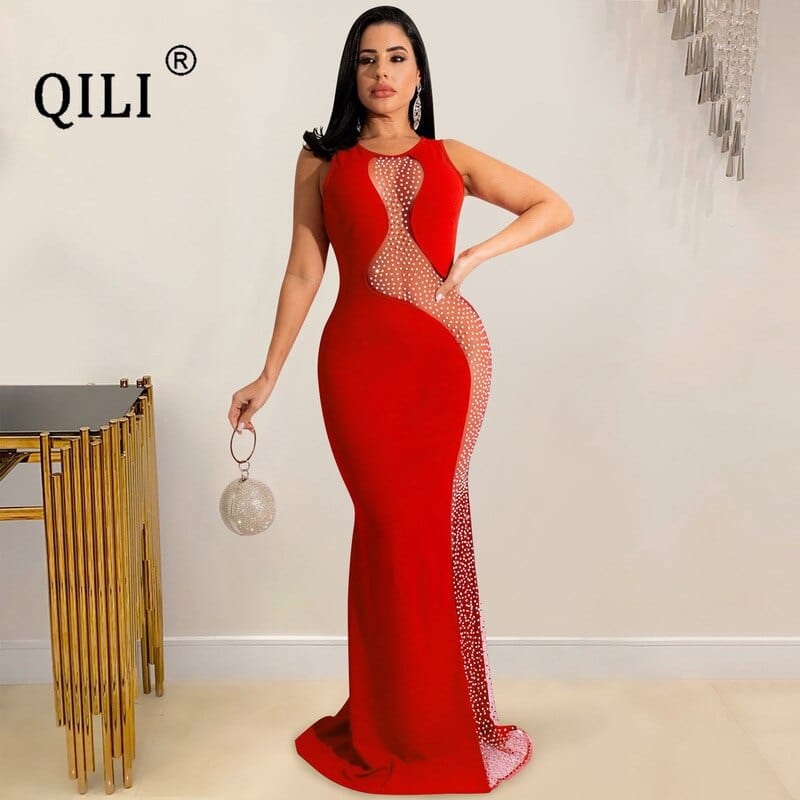 QILI Sexy Hot Rhinestone Mesh See-through Sleeveless Backless Long Skirt Dress Women