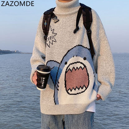 ZAZOMDE Men Turtlenecks Shark Sweater Men  Winter Patchwor Harajuku Korean Style High Neck Oversized Grey Turtleneck For Men