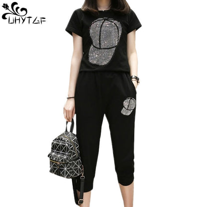 UHYTGF Loose size Two Piece Set Women Tracksuit Set Summer Tops For Womens  Casual Thin Sportswear Diamond Hat Top Pants 119
