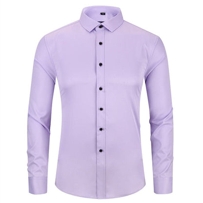 Anti-Wrinkle No-Ironing Elasticity Slim Fit Men Dress Casual Long Sleeved Shirt White Black Blue Red Male Social Formal Shirts