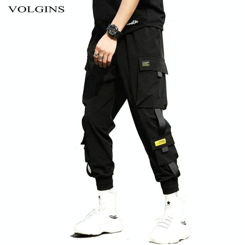 Streetwear Hip Hop Pantaloni harem negri pentru bărbați Pantaloni punk cu talie elastică cu panglici Pantaloni de jogger subțiri ocazional Pantaloni hip hop pentru bărbați