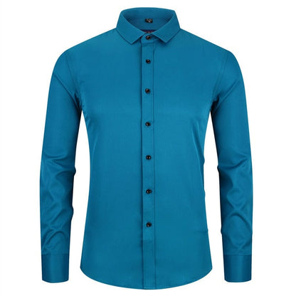 Anti-Wrinkle No-Ironing Elasticity Slim Fit Men Dress Casual Long Sleeved Shirt White Black Blue Red Male Social Formal Shirts