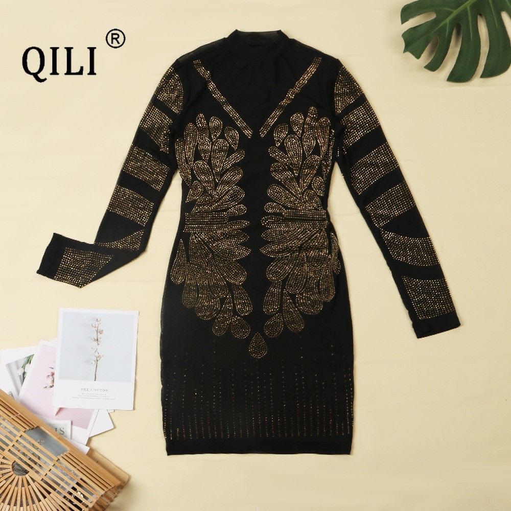 QILI Black Gold Diamonds Dress for Womens Sexy See Through Mesh Rhinestone Long Sleeve Dresses Party Club Short Dress Mini