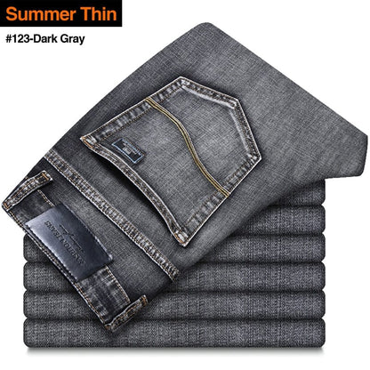 New Men's Stretch Regular Fit Jeans Business Casual Classic Style Fashion Denim Trousers Male Black Blue Gray Pants