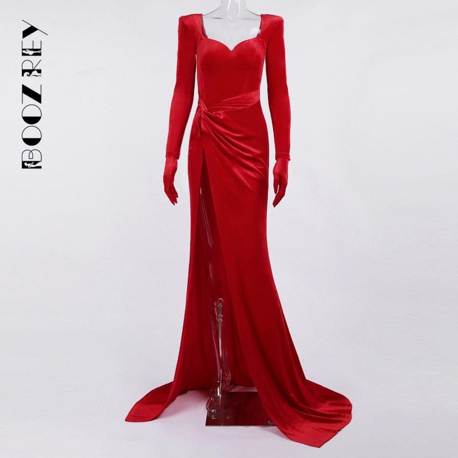 BoozRey Women Elegant Gown Long Dress Evening Club Outfits Women Gloves Sleeve Velvet Sexy Slit Maxi Dresses Bridesmaid Dresses