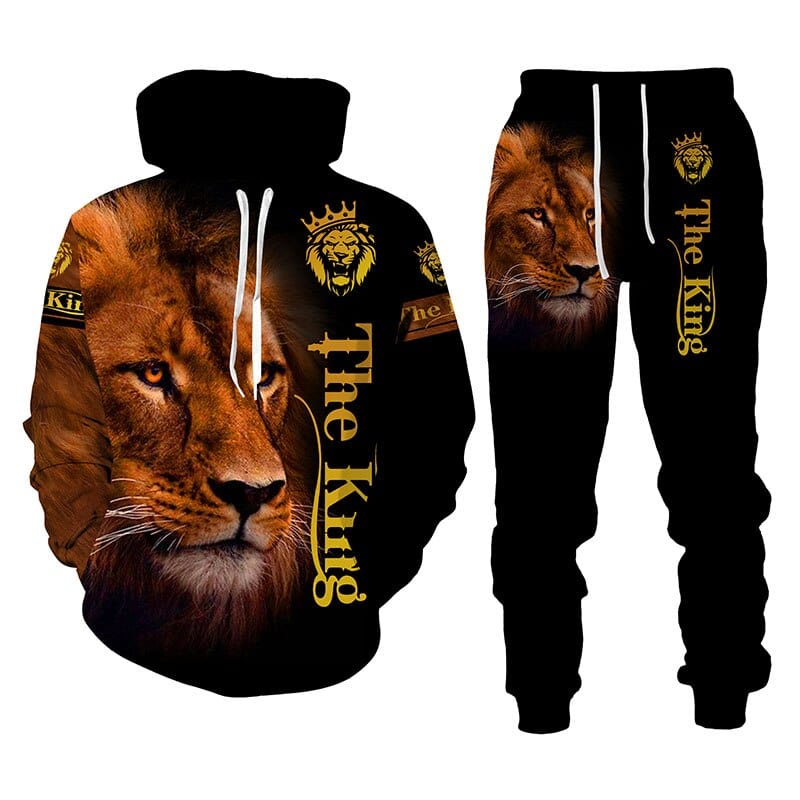 3D animal Lion Print Hoodie + Pants Two Piece Set Tracksuit Men Hooded Sweatshirts Autumn and Winter Men's Clothing Suit