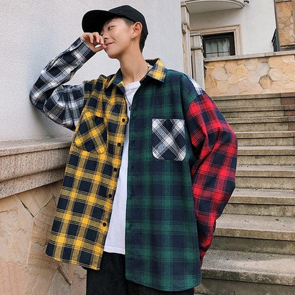 LAPPSTER Men Oversized Cotton Plaid Shirt  Man Hip Hop Patchwork Button Up Long Sleeve Shirt Couple Korean Harajuku Clothing