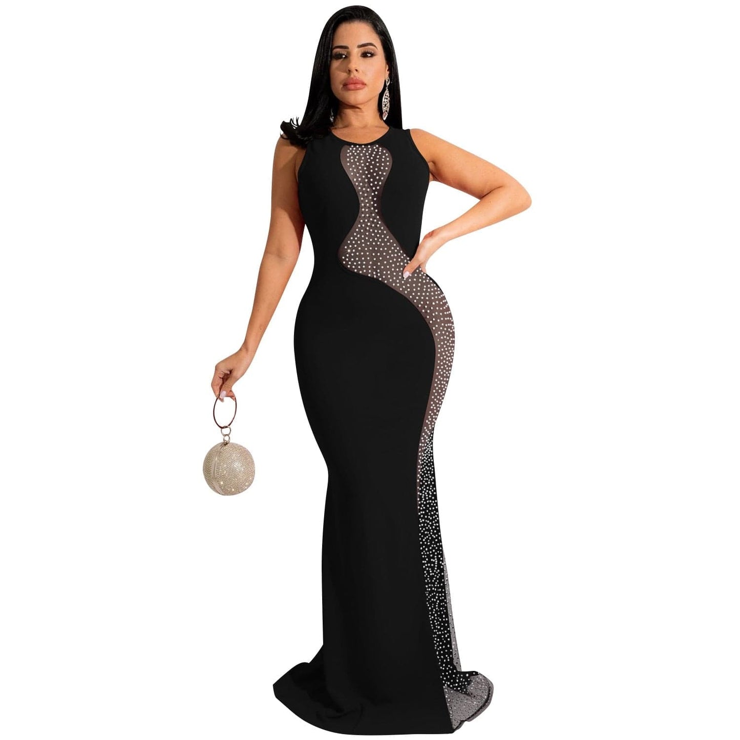 QILI Sexy Hot Rhinestone Mesh See-through Sleeveless Backless Long Skirt Dress Women