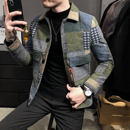 Autumn and Winter Fashion New Men's Casual Lapel Hoodless Jacket / Male Slim Plaid Woolen Coat