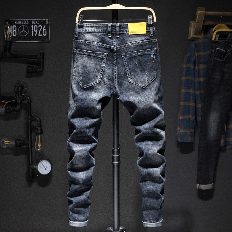 Blugi biker bărbați, albastru închis, stretch, slim fit, rupti, îmbrăcăminte de stradă, pantaloni din denim, ocazional, retro, pantaloni pentru bărbați, pantaloni hiphop pentru bărbați.