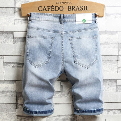 3D character art printed men's light blue comfortable denim shorts  summer new youth must-have fashion slim jeans shorts