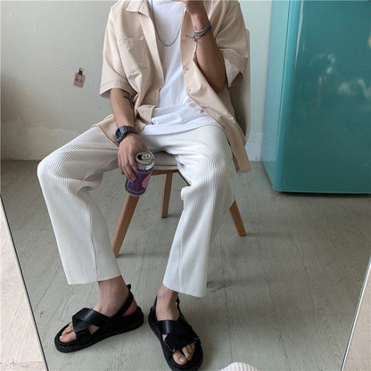 Pleated Straight Pants Men's Fashion Elastic Waist Casual Pants Men Streetwear Loose Ice Silk Trousers Mens Wide Leg Pants S-2XL