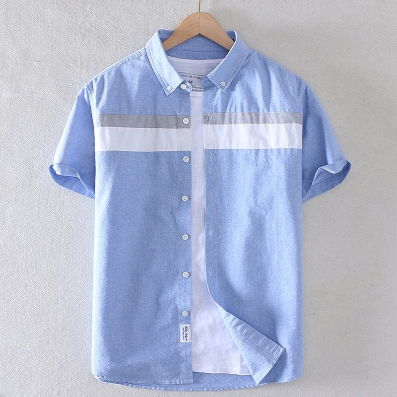 Schinteon Brand Men Summer 100% Cotton Shirt Oxford Short sleeved Smart Casual Slim Patchwork Shirt Turn-down Collar New