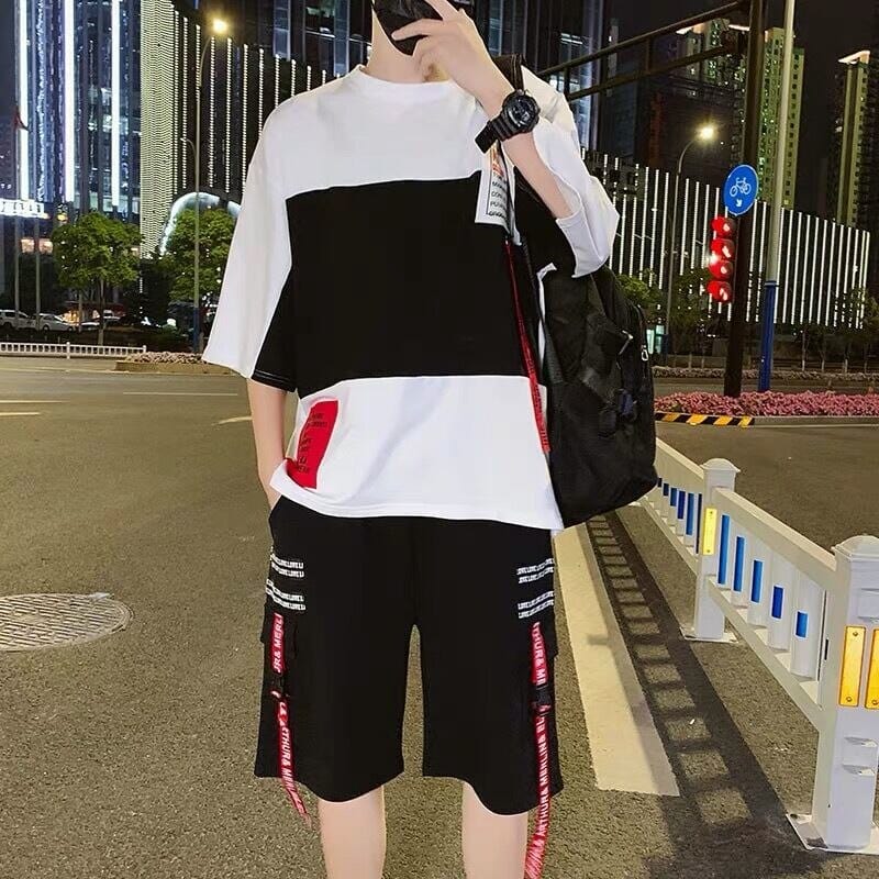 streetwear 2pcs set men Short-sleeved Shorts Two-piece Suit Male Summer Student Youth Hip Hop Sports Style Of All Matching