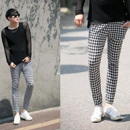 Korean large size men&#39;s men&#39;s fashion houndstooth tide men&#39;s pants summer harem pants casual trousers performance nightclub