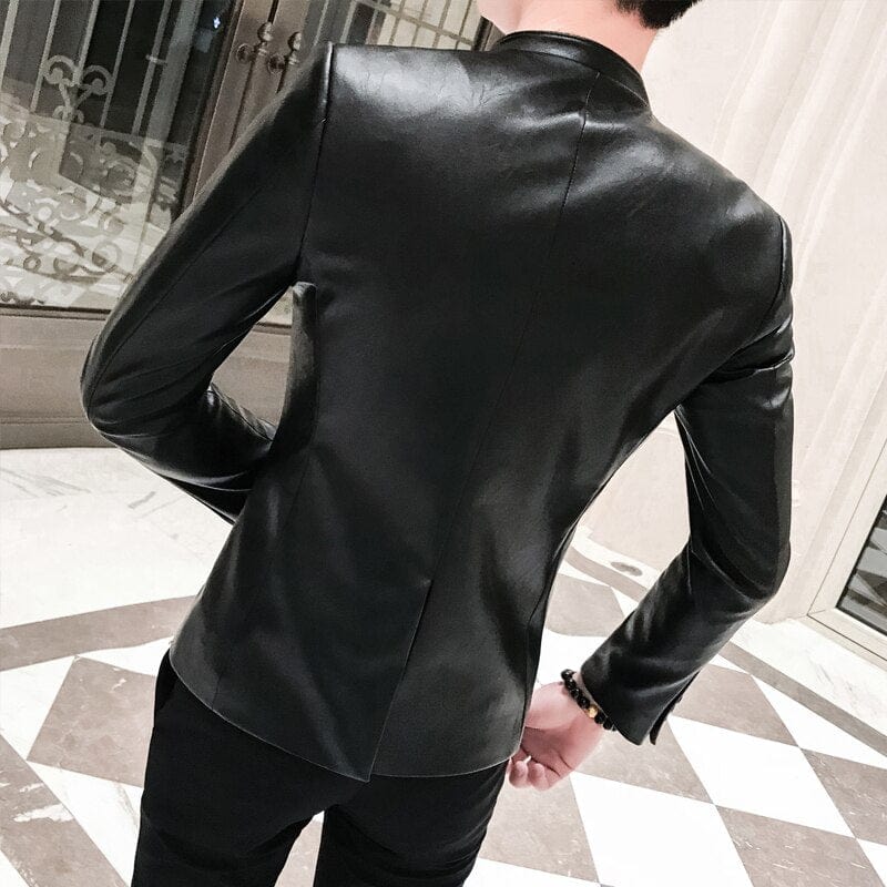 Men Suit Black Slim Fit Blazer Hombre PU Leather Jacket Male One Button Business Casual Prom Korean Suit Coat