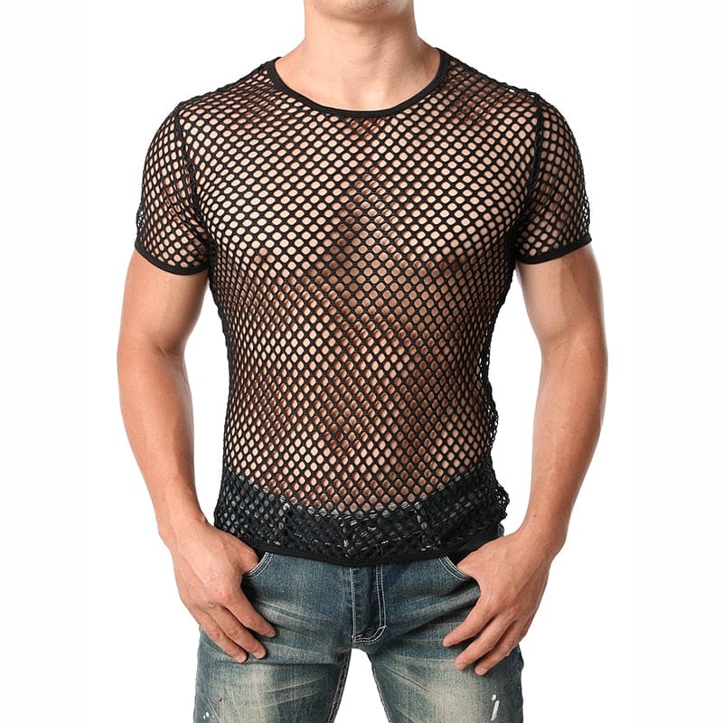 Mens Transparent Sexy Mesh T Shirt 2021 New See Through  Fishnet Long Sleeve Muscle Undershirts Nightclub Party Perform Top Tees