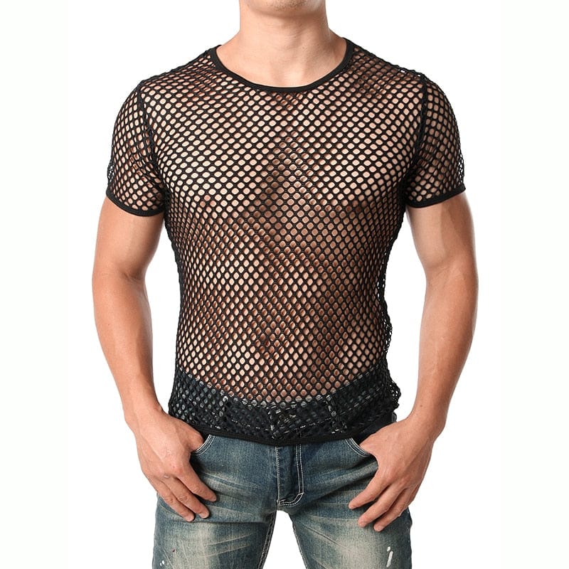 Mens Transparent Sexy Mesh T Shirt  New See Through  Fishnet Long Sleeve Muscle Undershirts Nightclub Party Perform Top Tees