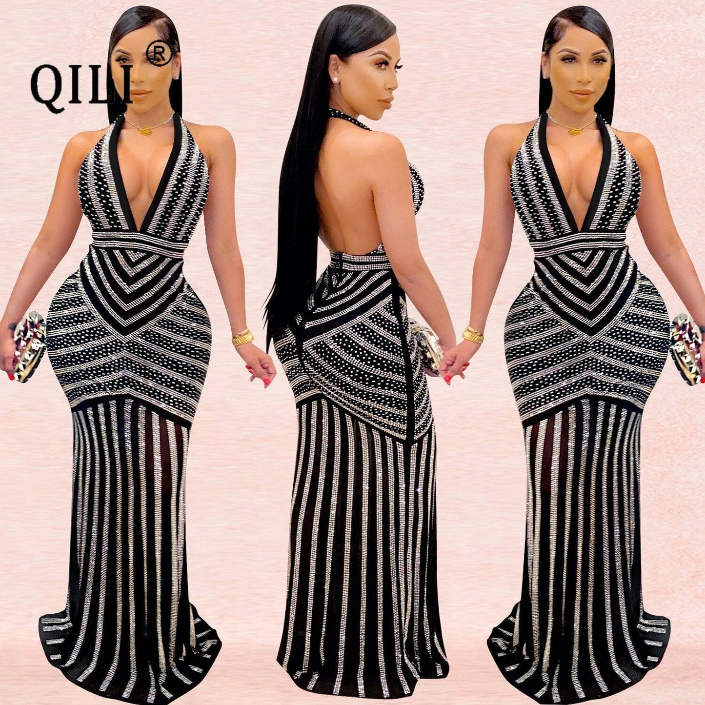 QILI Sexy Deep V Neck Halter Backless Dress Elegant Diamonds Maxi Long Dress Empire Waist Sexy Party Dresses for Womens