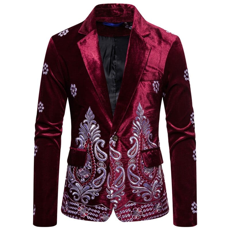 Floral Embroidery Wedding Suits For Men Luxury Wine Velvet Formal Slim Fit Single Button Mens Party Clothes Business Suit Jacket