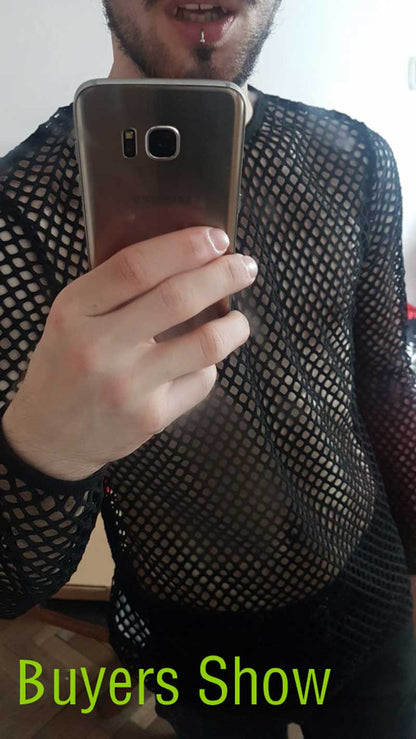 Mens Transparent Sexy Mesh T Shirt  New See Through  Fishnet Long Sleeve Muscle Undershirts Nightclub Party Perform Top Tees