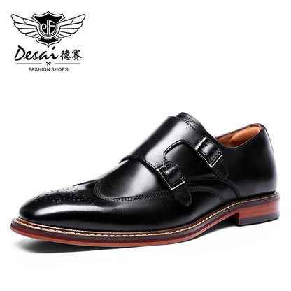 DESAI Monk Strap Slip on Genuine Leather Business Handmade Dress Brogue Shoes for Men with Buckle