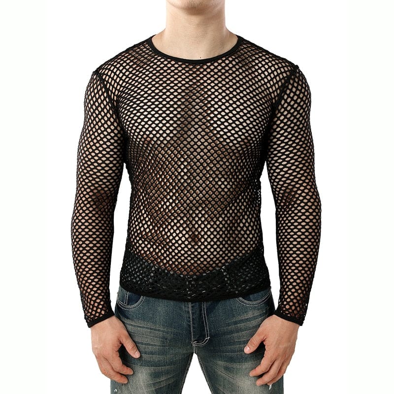 Mens Transparent Sexy Mesh T Shirt  New See Through  Fishnet Long Sleeve Muscle Undershirts Nightclub Party Perform Top Tees