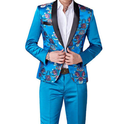 Fashion New Men's Casual Business Host Flower Suit Coat Pants 2 Pcs Set/ Men's Colorful Slim Fit Blazers Jacket Trousers