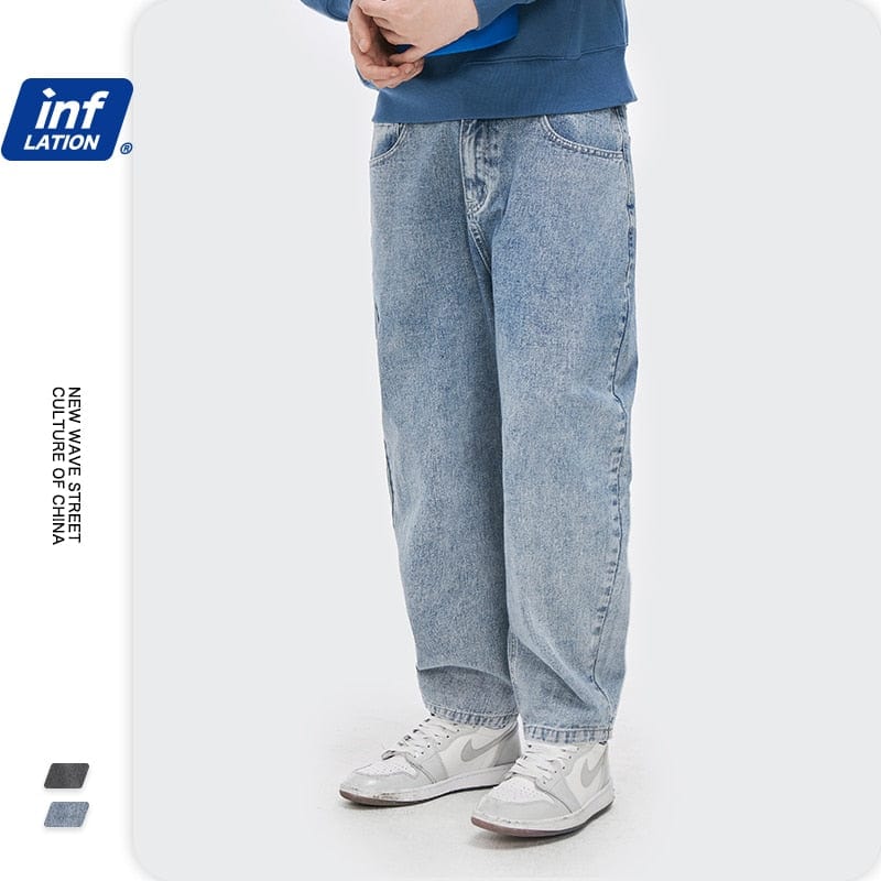 INFLATION Men Denim Pants Solid Patched Baggy Jeans Male Trousers Plus Size