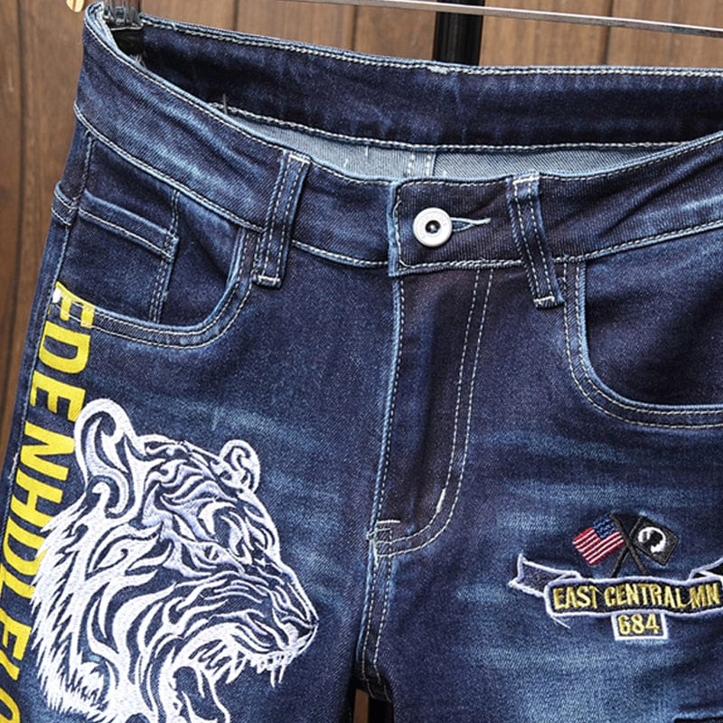 Blugi pentru bărbați Jean Homme Denim Pantaloni slim Fit Pantaloni blugi cu imprimeu pentru motociclist pentru bărbați Pantaloni de sport skinny ocazional la modă