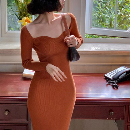 Croysier Dresses For Women  Sexy Strapless Ribbed Knitted Bodycon Dress Women Winter Long Sleeve Midi Sweater Dress Clothes