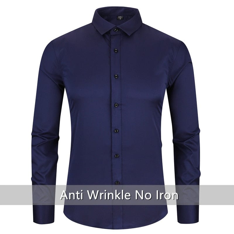 Anti-Wrinkle No-Ironing Elasticity Slim Fit Men Dress Casual Long Sleeved Shirt White Black Blue Red Male Social Formal Shirts