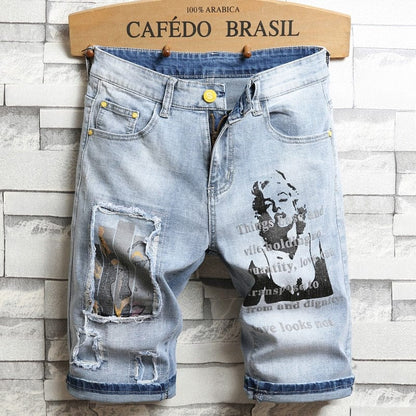 3D character art printed men's light blue comfortable denim shorts  summer new youth must-have fashion slim jeans shorts