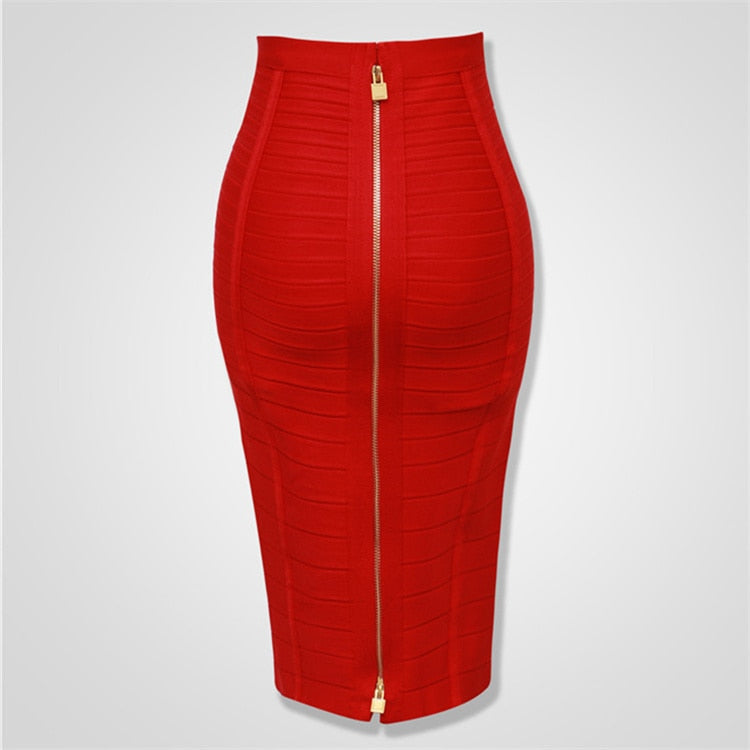 High Quality Black Red Blue Orange Zipper Bodycon Rayon Bandage Skirt Day Party Pencil Skirts Vestidos