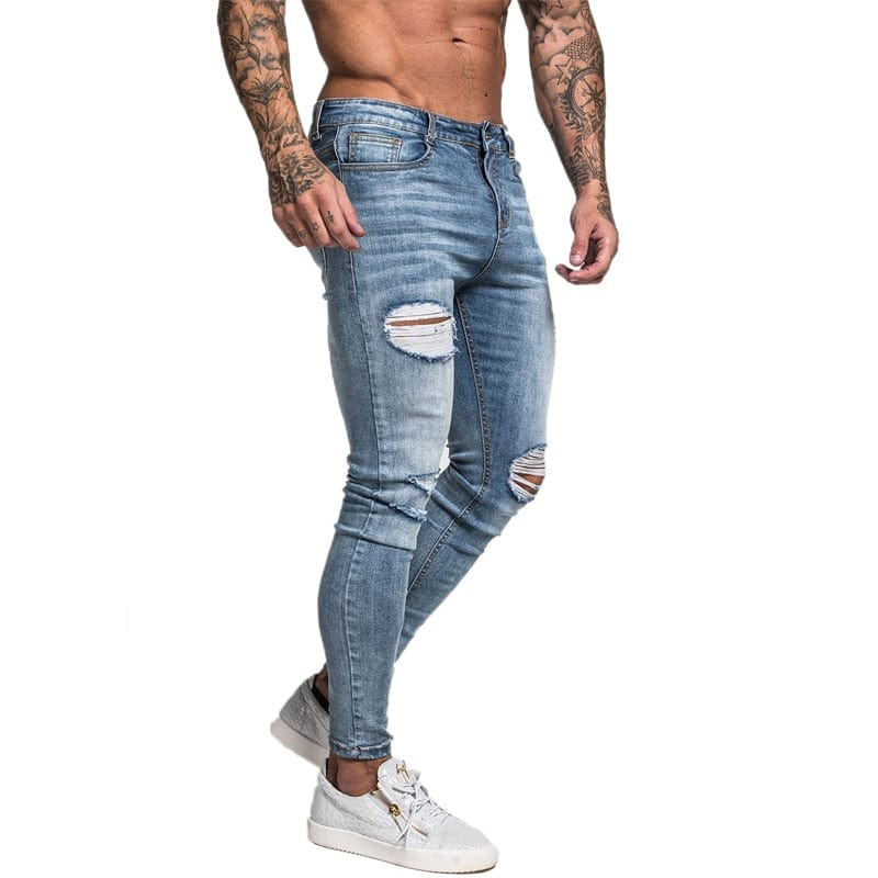 Gingtto Blugi pentru bărbați Skinny Stretch Blugi reparați Albastru deschis Hip Hop Distressed Super Skinny Slim Fit Bumbac Confortabil Mărime mare