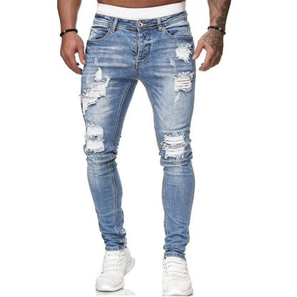 Mens Ripped Skinny Jeans Blue Slim Fit Hole Pencil Pants Casual Biker Trousers Streetwear  High Quality Denim Man Clothing