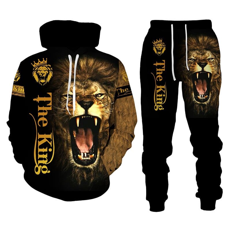 3D animal Lion Print Hoodie + Pants Two Piece Set Tracksuit Men Hooded Sweatshirts Autumn and Winter Men's Clothing Suit