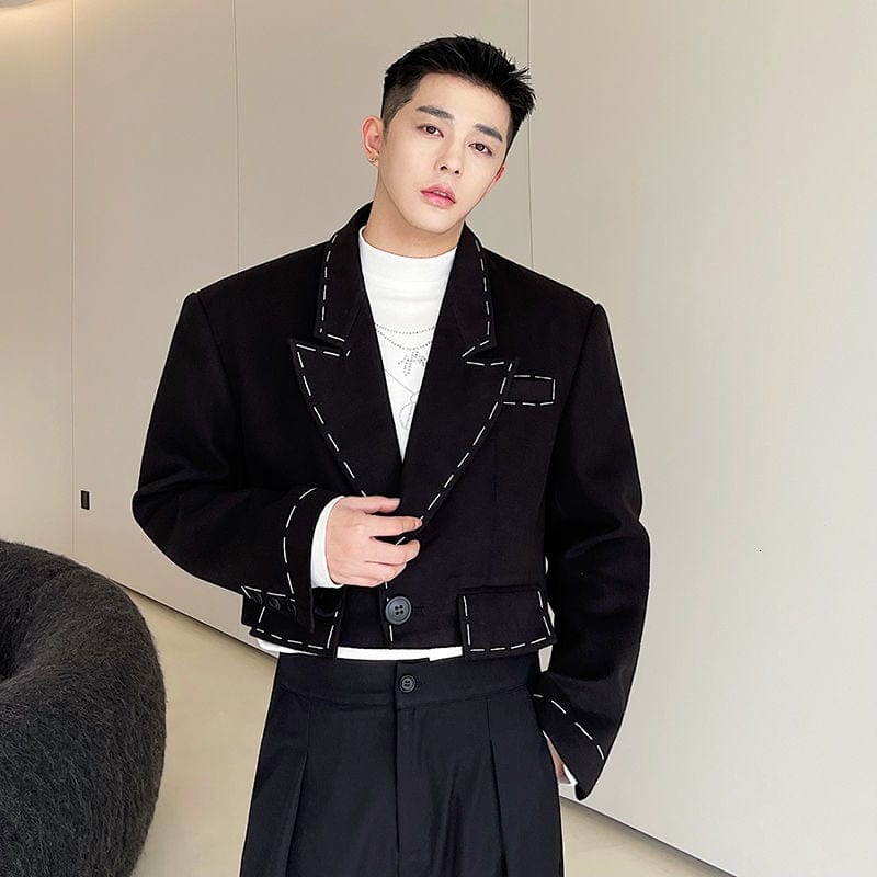 IEFB Menswear Temperament Topstitched Design Short Blazers Loose Notched Single Button Woolen Suit Jacket Autumn Winter 2022 New