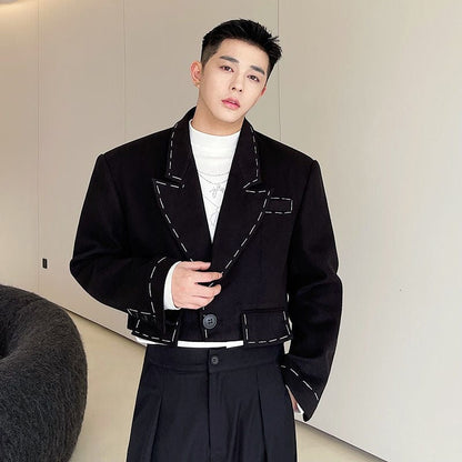 IEFB Menswear Temperament Topstitched Design Short Blazers Loose Notched Single Button Woolen Suit Jacket Autumn Winter  New