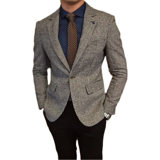 Men&#39;s Suit Jacket Coffee Houndstooth Wool Tweed Retro Business Tailored Collar Casual Blazer for Wedding Groomsmen Costumes 2021