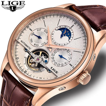 LIGE Men Watch Top Brand Mens Mechanical Watches Automatic Tourbillon Skeleton Watch Men Calendar Relogio Masculino dropship+Box