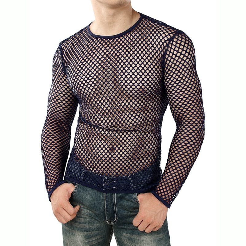 Mens Transparent Sexy Mesh T Shirt 2021 New See Through  Fishnet Long Sleeve Muscle Undershirts Nightclub Party Perform Top Tees