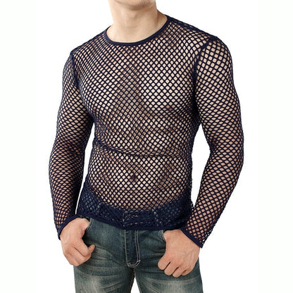 Mens Transparent Sexy Mesh T Shirt  New See Through  Fishnet Long Sleeve Muscle Undershirts Nightclub Party Perform Top Tees