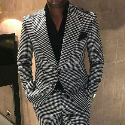 Plaid Men Suits for Wedding 2 Piece Houndstooth Checkered Groom Tuxedos Male Fashion Clothes  Costumes Set Jacket with Pants