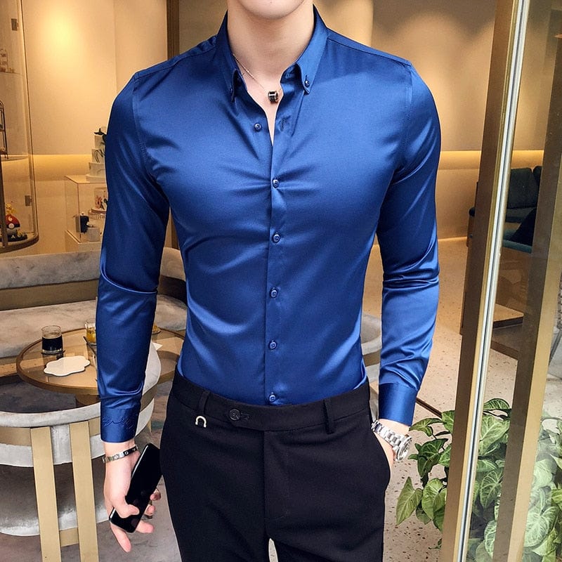 Neckline Embroidery Mens Shirts Long Sleeve Casual Slim Fit Men Dress Shirts Solid Color Formal Business Social Clothing Blouse