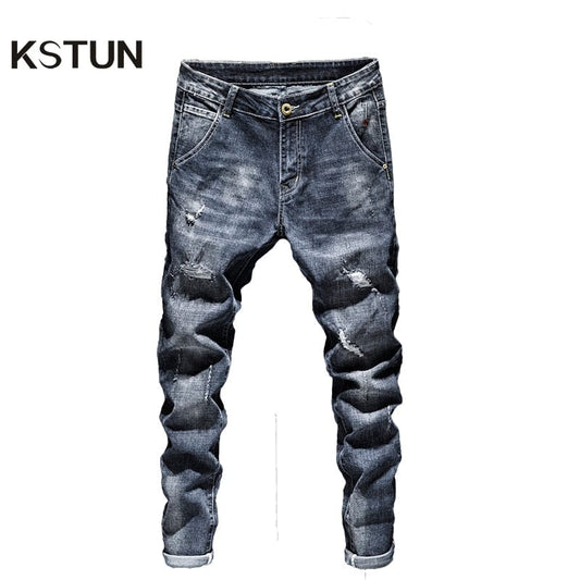 Blugi biker bărbați, albastru închis, stretch, slim fit, rupti, îmbrăcăminte de stradă, pantaloni din denim, ocazional, retro, pantaloni pentru bărbați, pantaloni hiphop pentru bărbați.