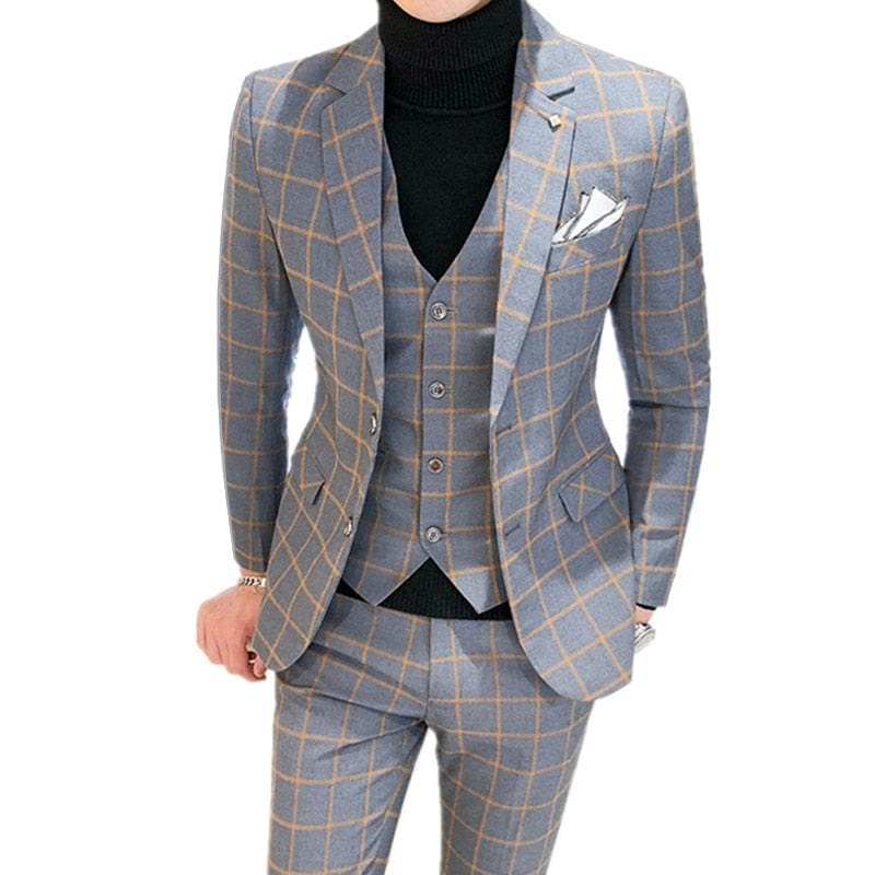 Men Dress Blazers Pants Vest 3 Piece Set / Male Wedding New 2022 Autumn Business Formal Plaid Suit Luxury Slim Fit Coat Trousers