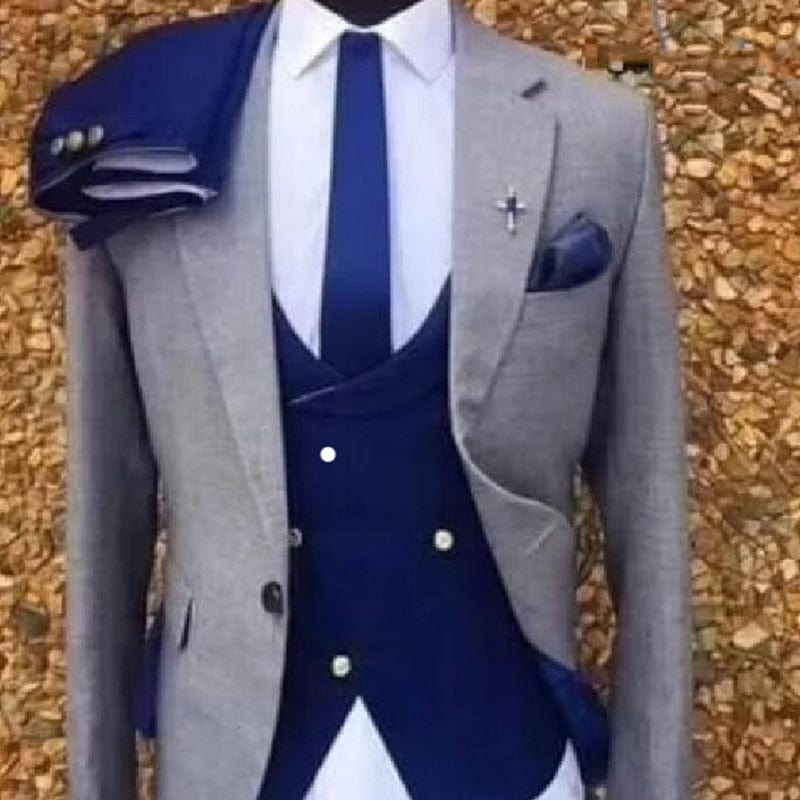 3 Piece Gray Wedding Tuxedo for Men Formal Suits Set Jacket Double Breasted Waistcoat with Royal Blue Pants Male Fashion Costume